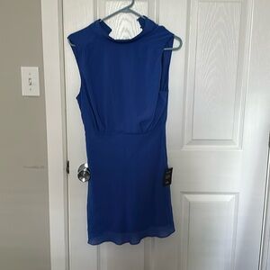Lulus NWT Classic Elegance Blue Chiffon Sleeveless Mock Neck Mini Dress